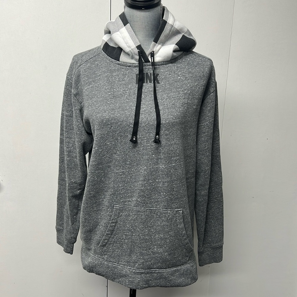 Pink brand gray, black and white hoodie.